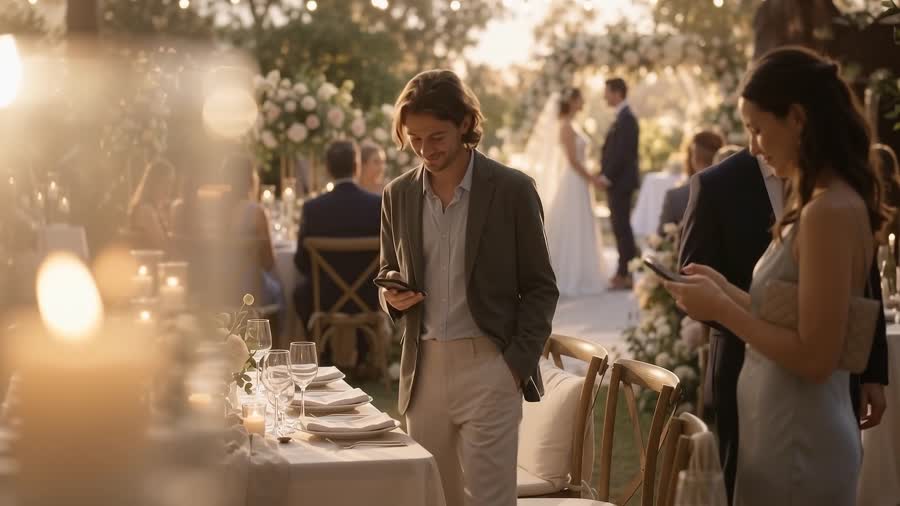 A wedding guest checking their table on his phone at the reception