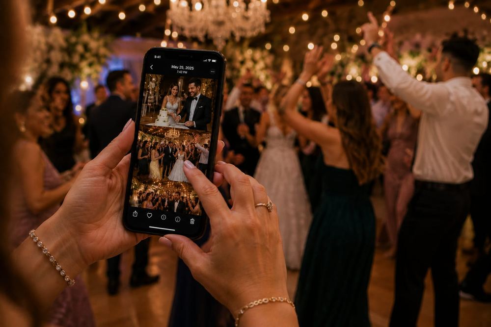 A wedding guest scrolling through the live photo wall during the reception